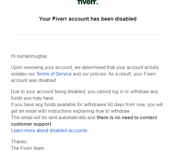 picture showing that a fiverr account is disabled